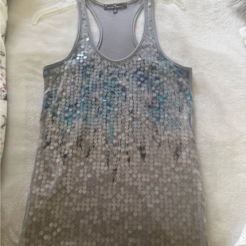 Almost Famous Gray Sequin Racerback Tank with Blue Accents